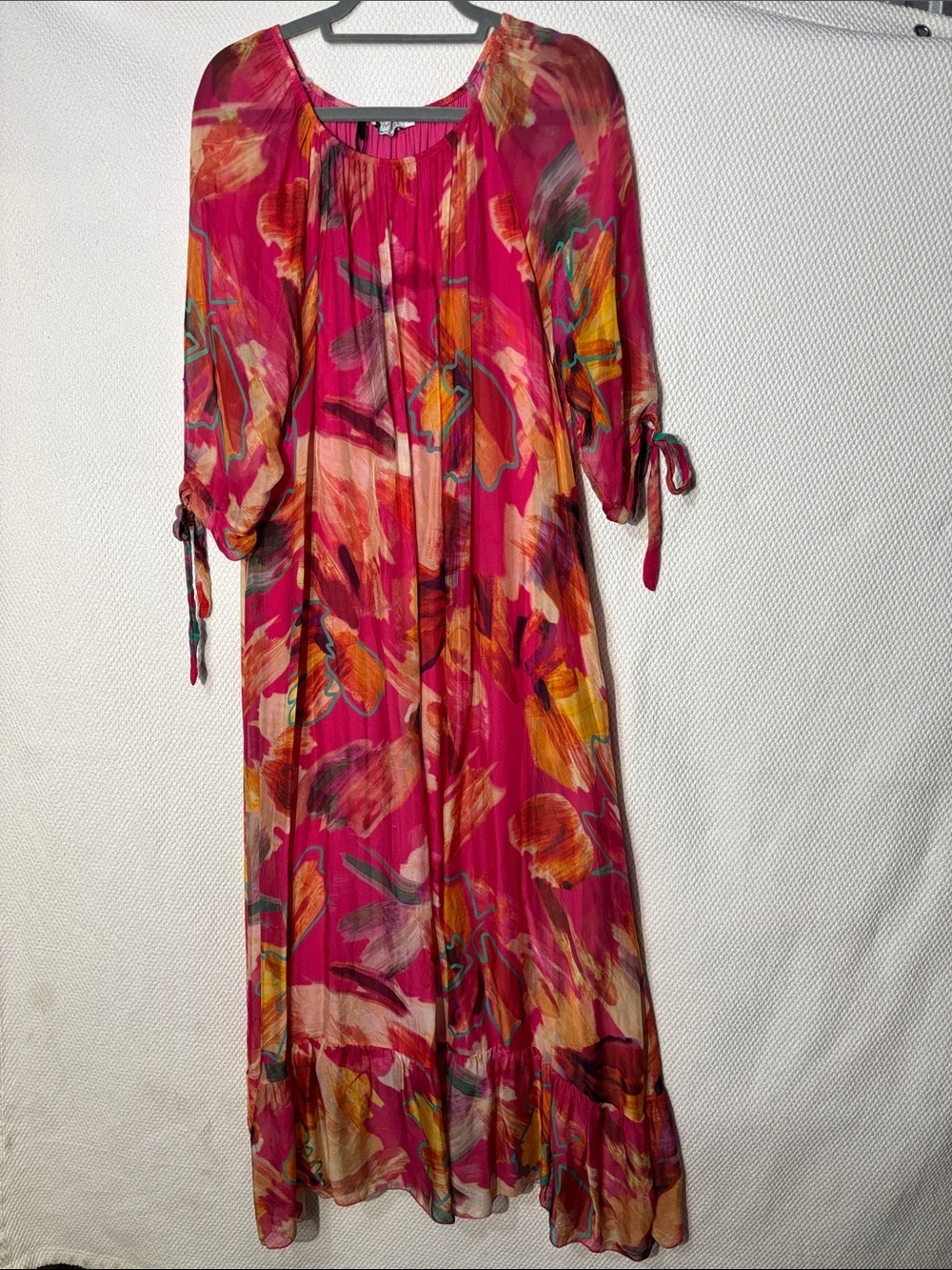 HF Sz XL Fuchsia Floral Maxi Dress Sheer Sleeves with Bows Lined Elastic Neck